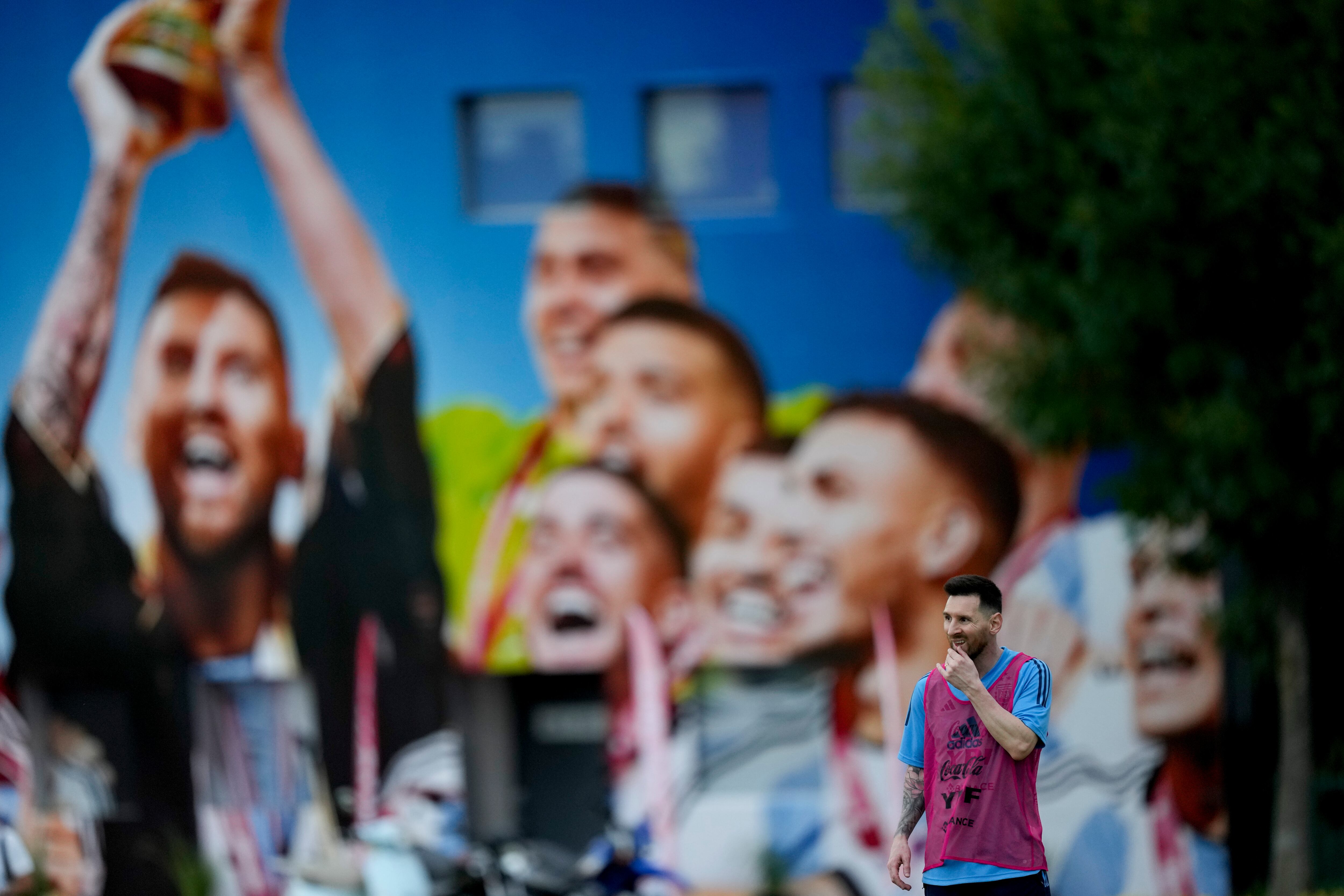 Argentina's Lionel Messi attends a team training session at the Argentina Soccer Association facilities ahead of a friendly soccer match against Panama, in Buenos Aires, Argentina, Wednesday, March 22, 2023. (AP Photo/Natacha Pisarenko)