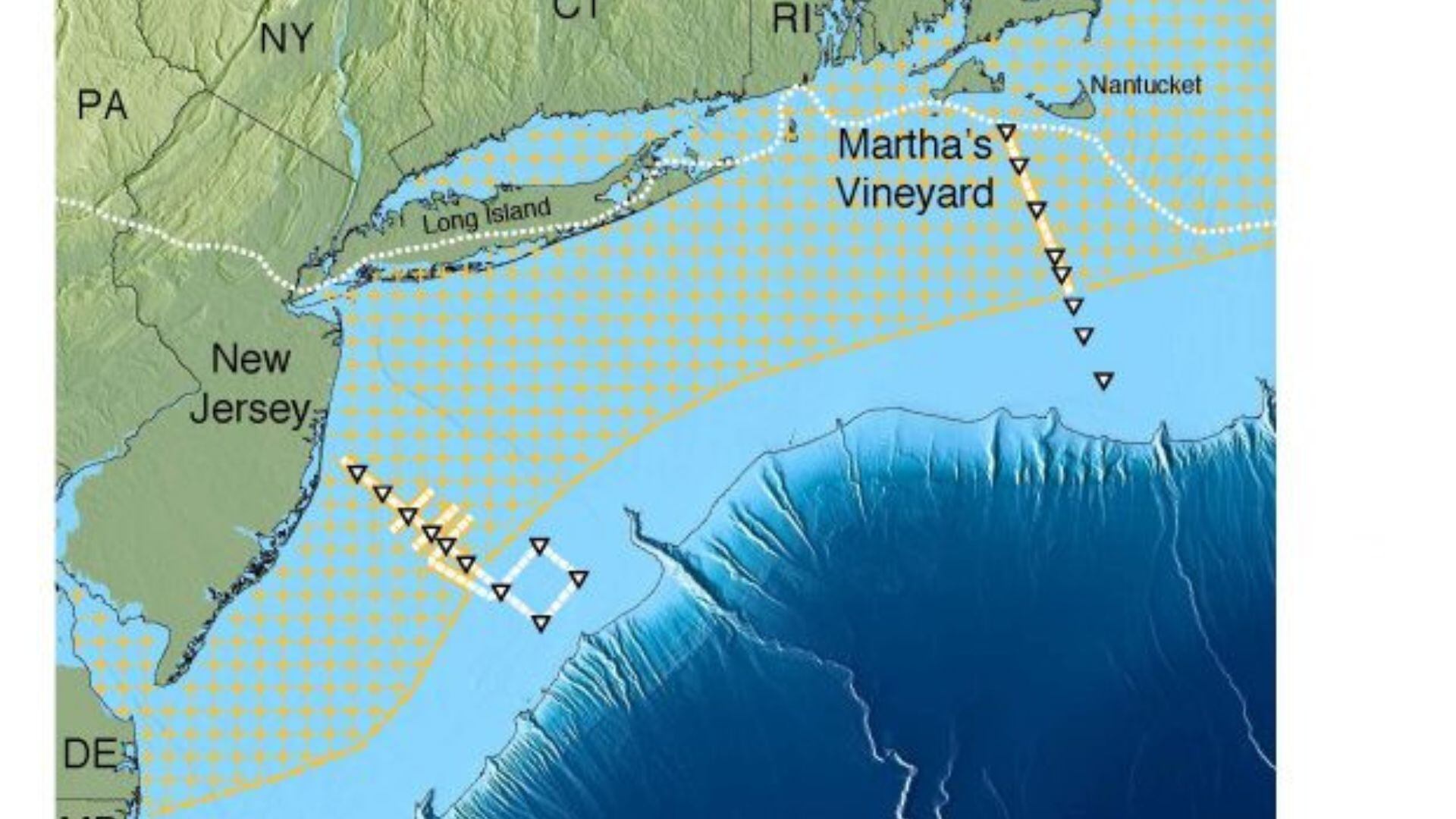 La imagen muestra la ubicación aproximada del gigantesco reservorio de agua dulce detectado bajo el lecho del Atlántico, desde Nueva Jersey hasta Massachusetts