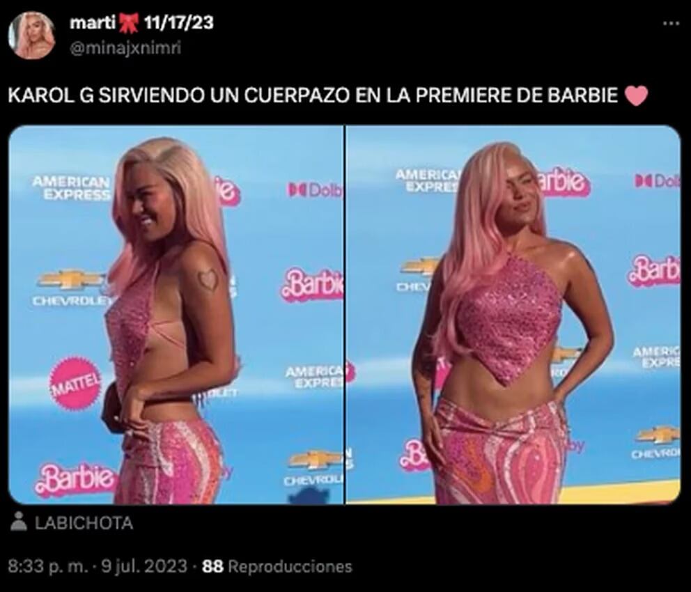Karol G se lució en la premier de 'Barbie' en LA. Foto: Twitter