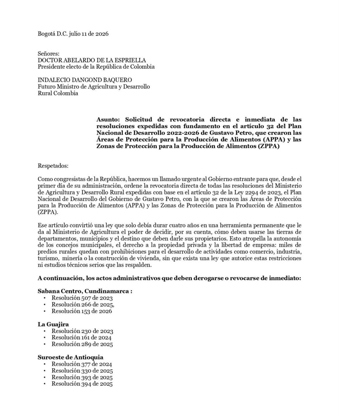 Documento desde el Congreso para el ministro de Agricultura designado, Indalecio Dangond.