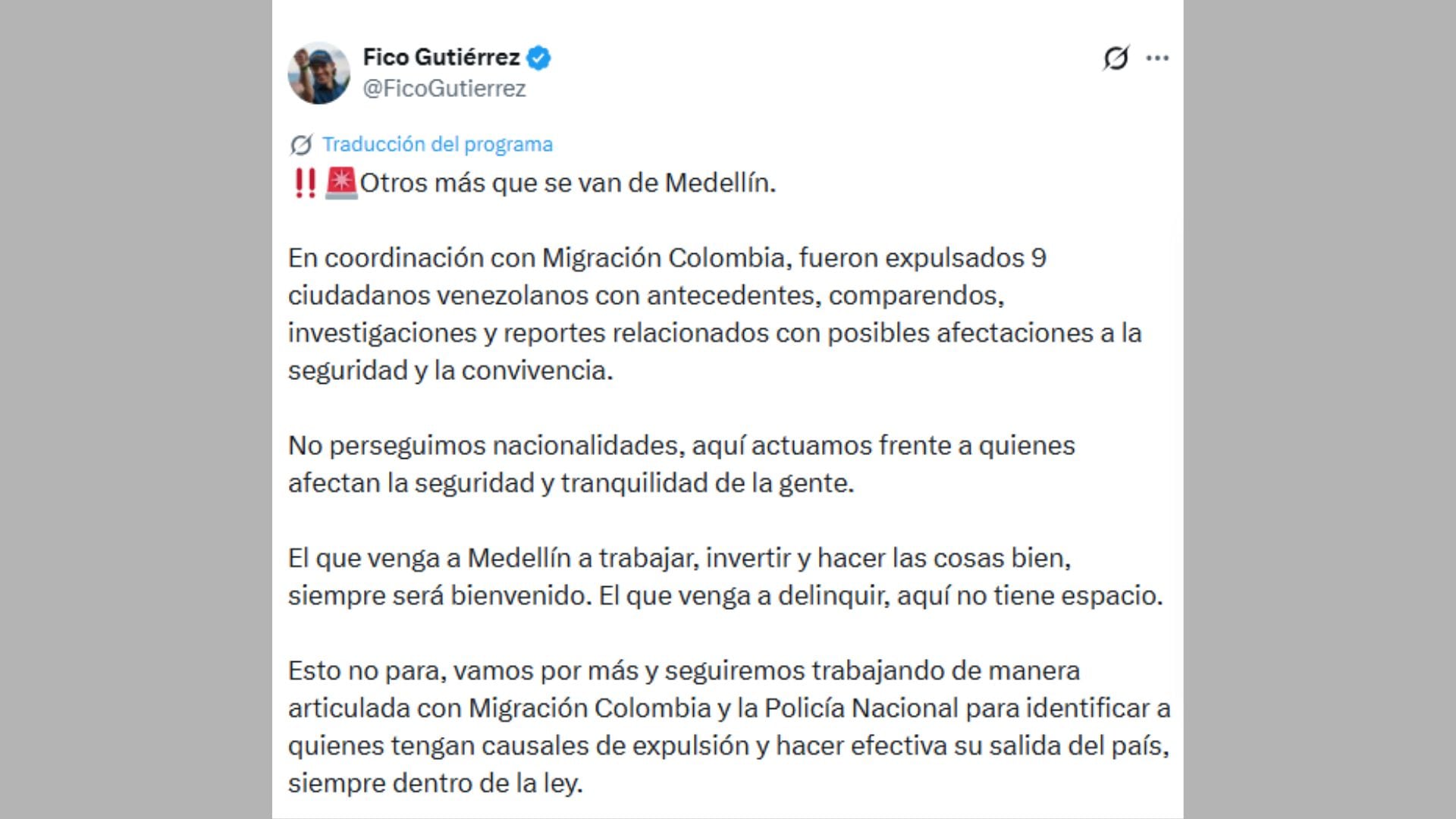 Trino en el que Fico Gutiérrez se refiere a la expulsion de los 9 venezolanos