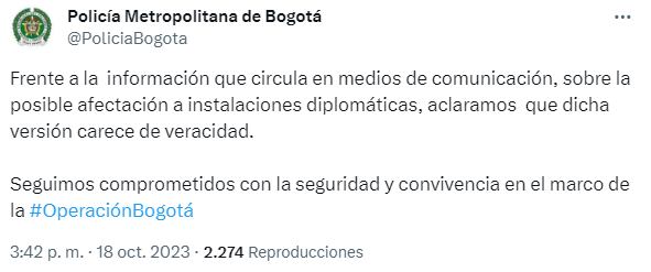 Descartan explosivos cerca de embajadas de Israel y Estados Unidos, en Bogotá