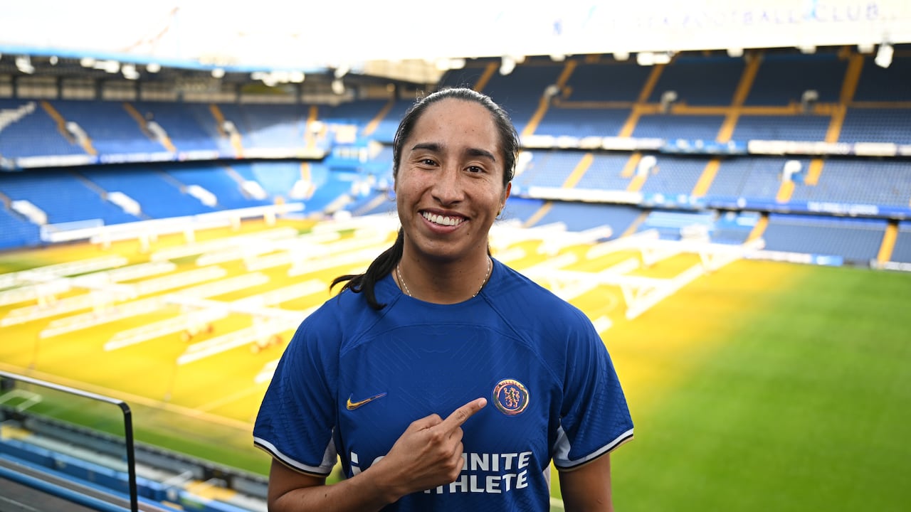 LONDON, ENGLAND - JANUARY 26: Mayra Ramirez poses for a photograph as she signs for Chelsea FC Women at Stamford Bridge on January 26, 2024 in London, England. (Photo by Harriet Lander - Chelsea FC/Chelsea FC via Getty Images)