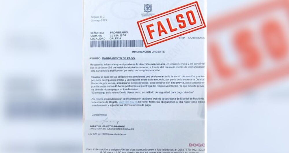 Con cartas como esta, los delincuentes están estafando a los contribuyentes en Bogotá. También envían correos y mensajes de texto.