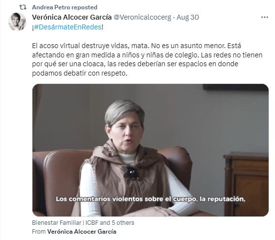 En medio de las amenazas y fuertes ataques en redes sociales que ha recibido Andrea Petro y el director de la SAE, la primera dama adelanta una campaña de no violencia en las redes.