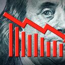 A close up of a red declining bar chart and arrow positioned on the face of Benjamin Franklin on a U.S. one hundred dollar bill.