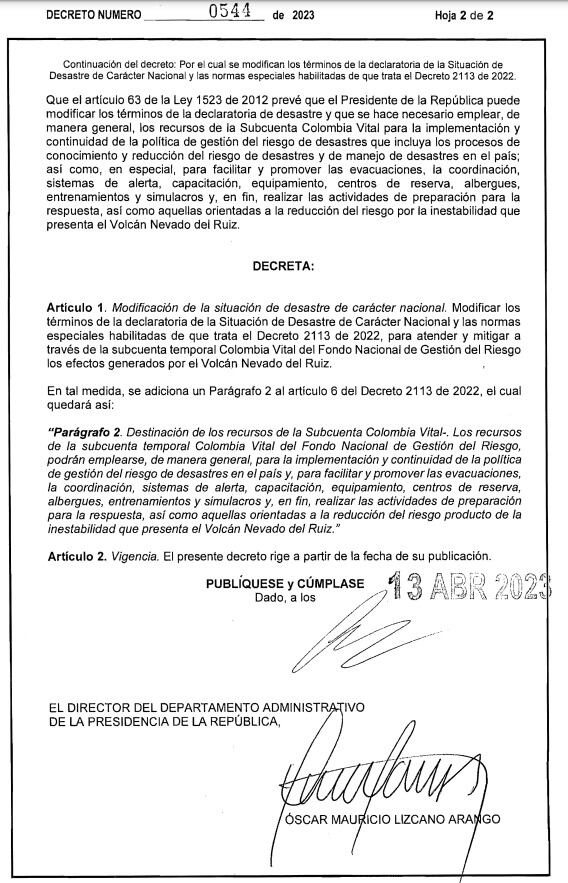 Decreto inclusión emergencia volcán Nevado del Ruiz en la declaratoria de desastre nacional