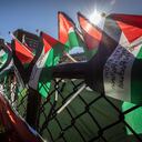 Una fila de banderas palestinas ondean en la cerca de un campamento de protesta propalestino en la Universidad Columbia, el miércoles 24 de abril de 2024, en Nueva York. (AP Foto/Stefan Jeremiah)