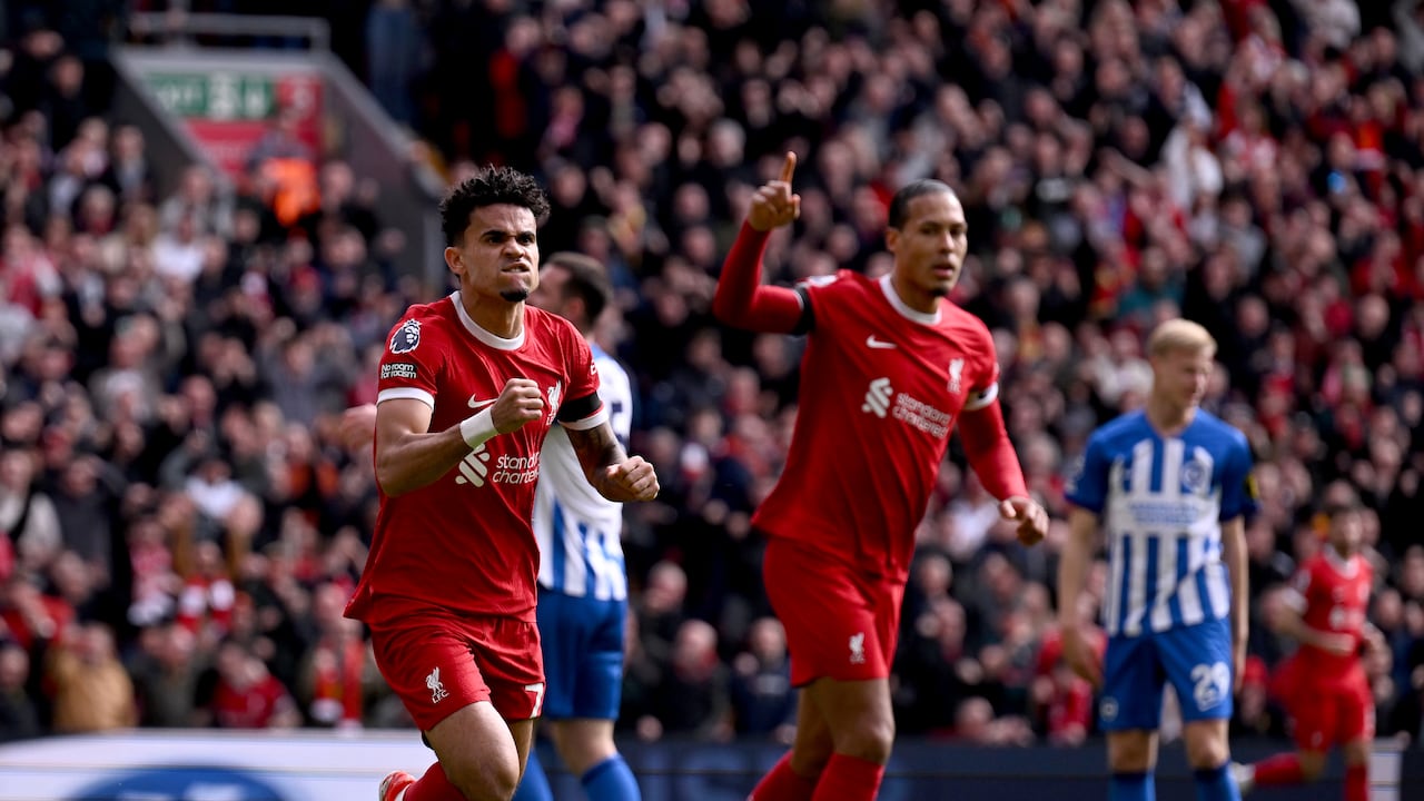 LIVERPOOL, ENGLAND - MARCH 31: (THE SUN OUT, THE SUN ON SUNDAY OUT) Luis Diaz of Liverpool celebrates after scoring the equalising goal during the Premier League match between Liverpool FC and Brighton & Hove Albion at Anfield on March 31, 2024 in Liverpool, England. (Photo by Andrew Powell/Liverpool FC via Getty Images)
