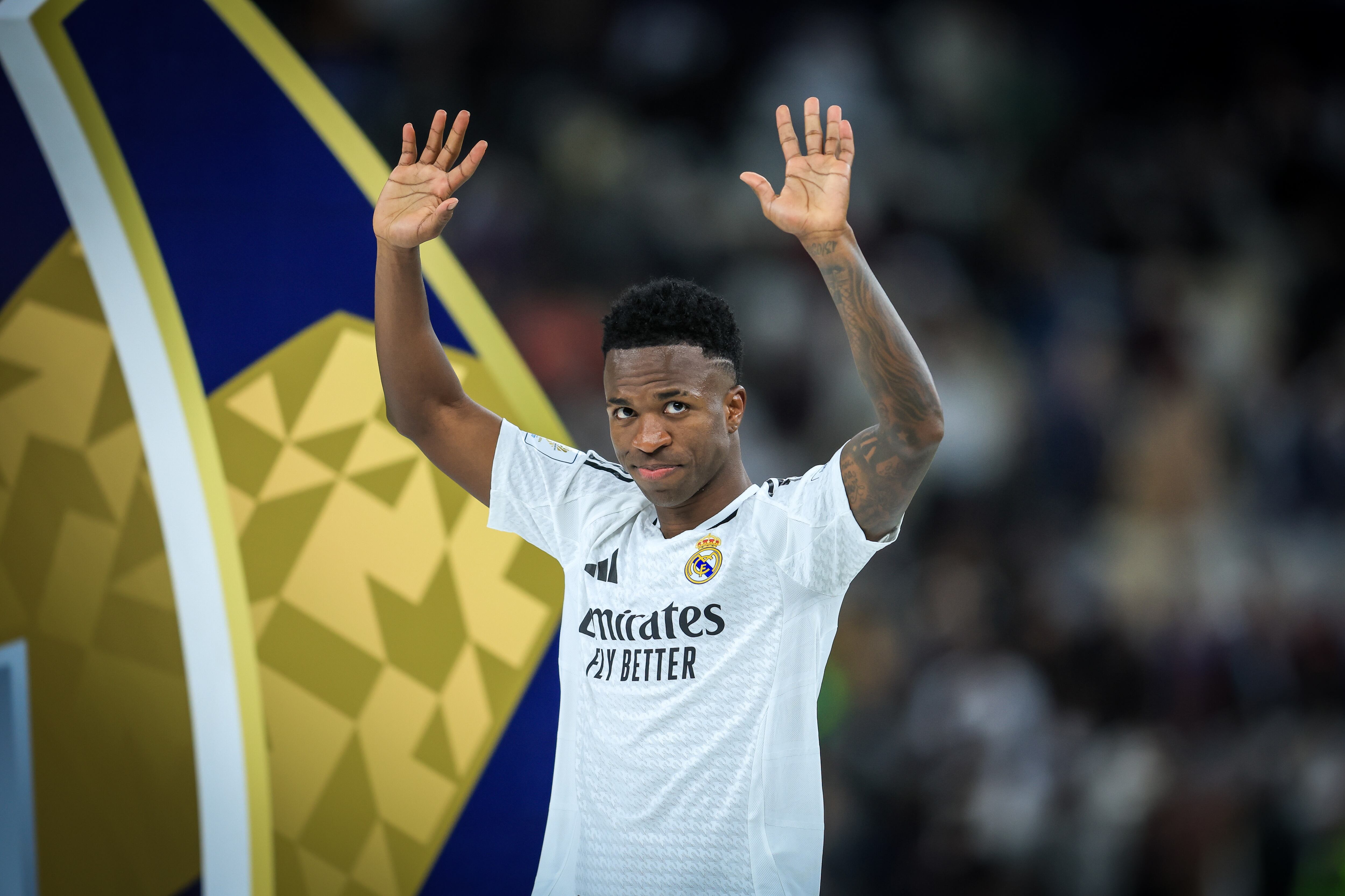 Vinicius Junior of Real Madrid wins the Gold Ball Award during the closing ceremony of the FIFA Intercontinental Cup Qatar 2024 match between Real Madrid and CF Pachuca at Lusail Stadium in Doha, Qatar, on December 18, 2024. (Photo by Ayman Aref/NurPhoto via Getty Images)