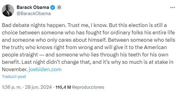 Publicación de Barack Obama en X, luego del debate entre Trump y Biden.