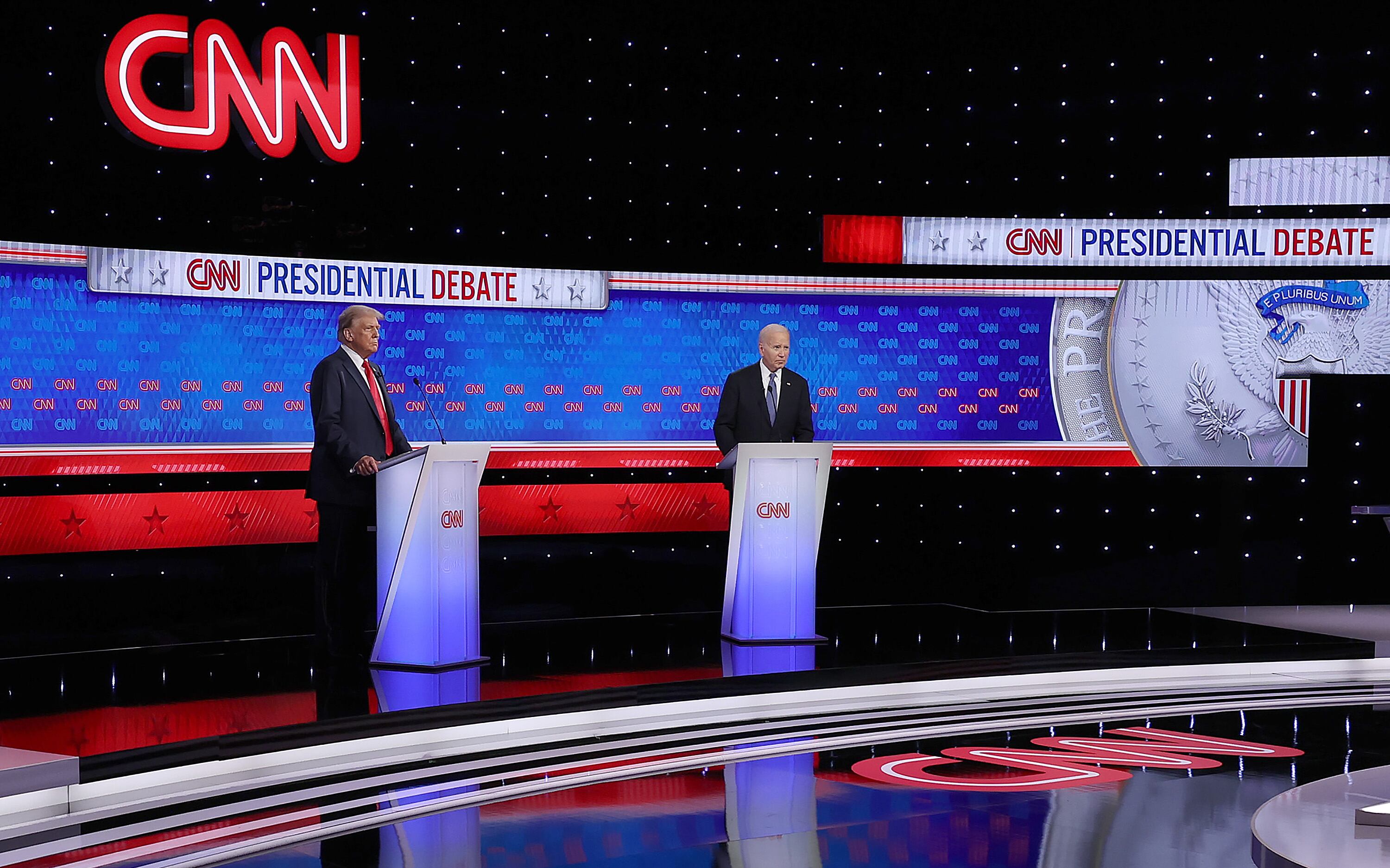 ATLANTA, GEORGIA - JUNE 27: U.S. President Joe Biden (R) and Republican presidential candidate, former U.S. President Donald Trump participate in the CNN Presidential Debate at the CNN Studios on June 27, 2024 in Atlanta, Georgia. President Biden and former President Trump are facing off in the first presidential debate of the 2024 campaign. (Photo by Justin Sullivan/Getty Images)