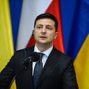 OSWIECIM, POLAND - JANUARY 27: President of Ukraine, Volodymyr Zelenski and the President of Poland, Andrzej Duda(not seen) speak to the media after plenary talks during the 75th Anniversary of Auschwitz Liberation on January 27, 2020 in Oswiecim, Poland. International leaders as well as approximately 200 survivors and their families are gathering today at Auschwitz today to commemorate the 75th anniversary of the camp's liberation. The Nazis killed an estimated one million people at the camp during the World War II occupation of Poland by Nazi Germany.(Photo by Omar Marques/Getty Images)