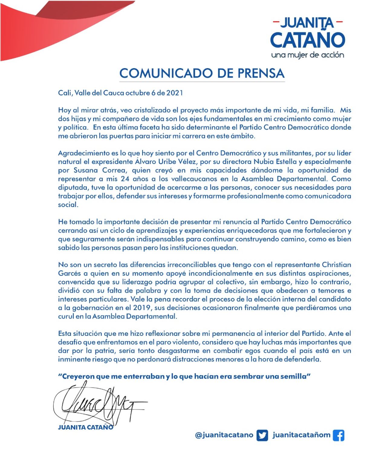 Carta de renuncia de Juanita Cataño al Centro Democrático