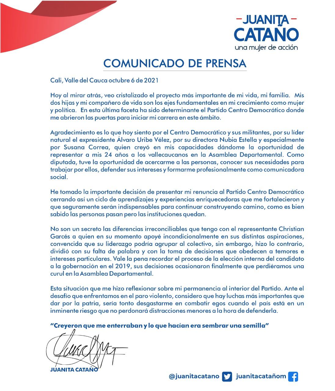 Carta de renuncia de Juanita Cataño al Centro Democrático