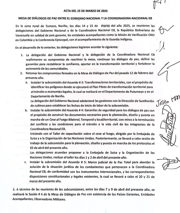 Acta de la mesa de diálogo de paz entre el Gobierno nacional y Coordinadora Nacional EB.