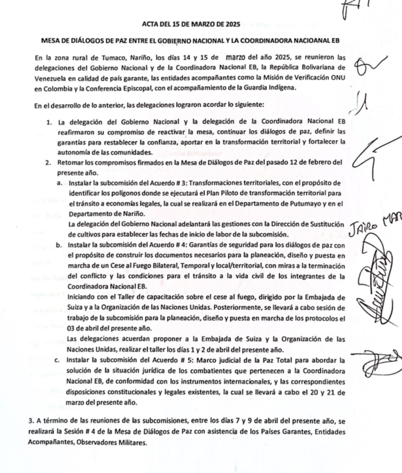Acta de la mesa de diálogo de paz entre el Gobierno nacional y Coordinadora Nacional EB.