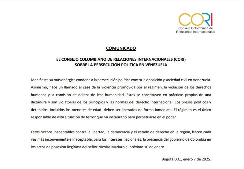 Este es el comunicado del Consejo Colombiano de Relaciones Internacionales.