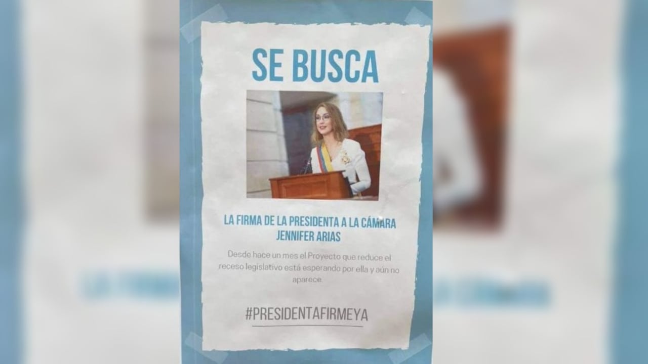 El afiche que el congresista Gabriel Santos colocó en la Cámara de Representantes con la imagen de la representante Jennifer Arias, pidiéndole que aparezca y firma la reducción de vacaciones de parlamentarios