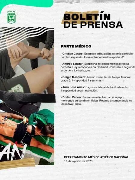 El parte médico fue publicado en las últimas horas en las redes sociales del club. Foto: Twitter @nacionaloficial