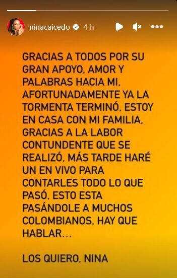 Nina dejó un comunicado oficial en sus historias. Foto: Instagram @ninacaicedo.