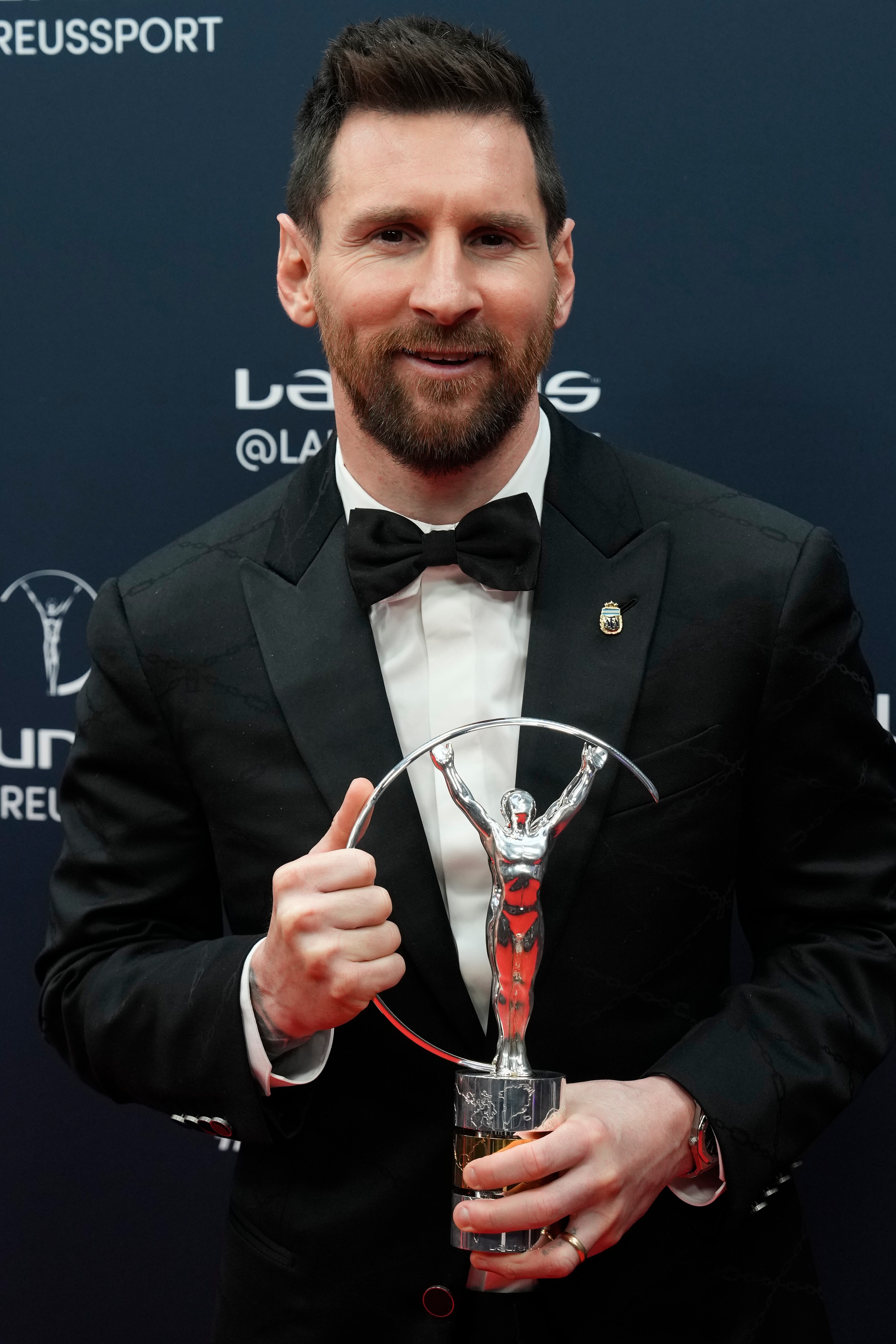 Argentine soccer player Lionel Messi poses after he was presented the award for sportsperson of the year at the Laureus Sports Awards ceremony in Paris, Monday, May 8, 2023. (AP Photo/Lewis Joly)