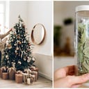 Árbol de Navidad y frasco con hojas de laurel.