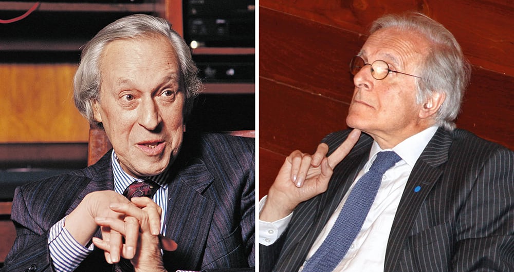 Fernando Gómez Agudelo (izquierda) y Bernardo Hoyos (derecha) unieron su experiencia de melómanos, hombres de cultura, periodistas curtidos y personajes audaces, para materializar la idea de Jaime Pinzón de poner al aire una emisora cultural. 