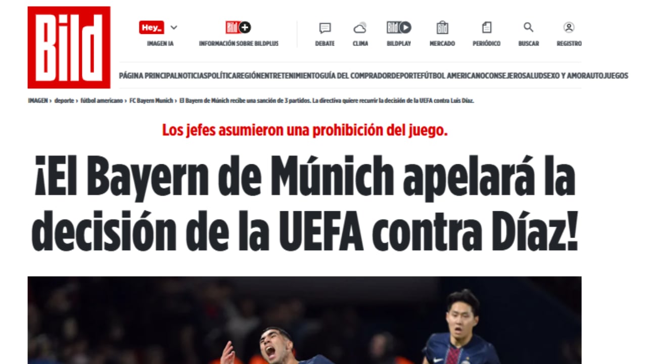 El medio alemán, Bild, anuncia la decisión de Bayern Múnich por la sanción de UEFA a Luis Díaz