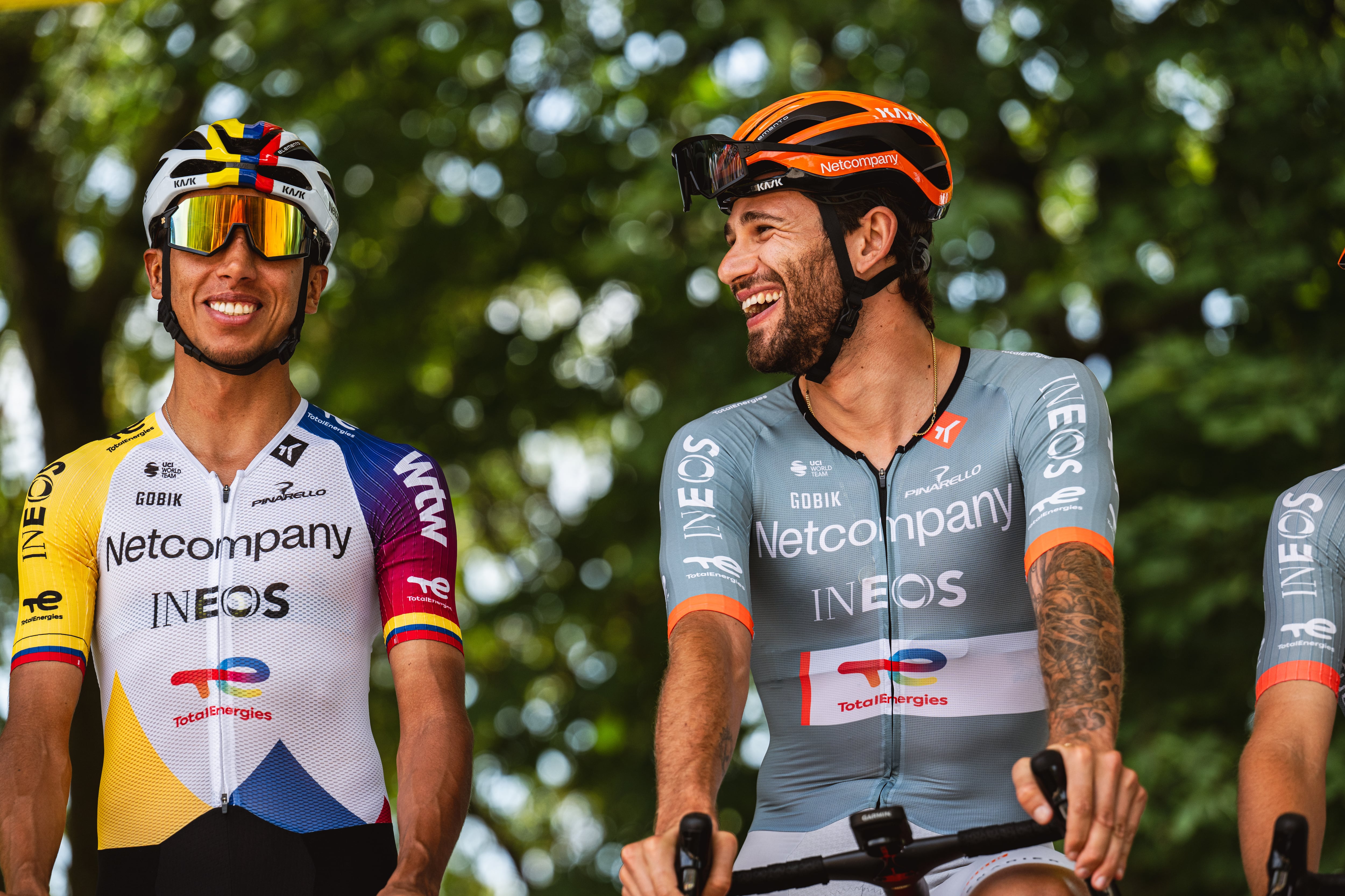 Egan Bernal, the Colombian national champion, and Filippo Ganna of the Ineos Cycling Team during the teams presentation of Stage 13 of the Tour de France in Dole, France, on July 17, 2026. (Photo by Gautier Demouveaux/NurPhoto via Getty Images)