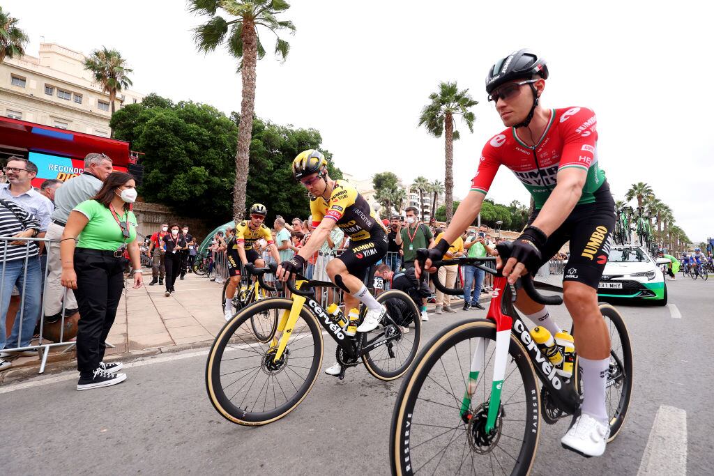 CARTAGENA, SPAIN - SEPTEMBER 03: (L-R) Primož Roglic of Slovenia, Jan Tratnik of Slovenia and Attila Valter of Hungary and Team Jumbo-Visma prior to the 78th Tour of Spain 2023 - Stage 9 a 184,5 stage from Cartagena to Collado de la Cruz de Caravaca 1089m / #UCIWT / on September 03, 2023 in Cartagena, Spain. (Photo by Alexander Hassenstein/Getty Images)
