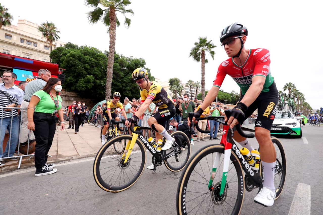 CARTAGENA, SPAIN - SEPTEMBER 03: (L-R) Primož Roglic of Slovenia, Jan Tratnik of Slovenia and Attila Valter of Hungary and Team Jumbo-Visma prior to the 78th Tour of Spain 2023 - Stage 9 a 184,5 stage from Cartagena to Collado de la Cruz de Caravaca 1089m / #UCIWT / on September 03, 2023 in Cartagena, Spain. (Photo by Alexander Hassenstein/Getty Images)
