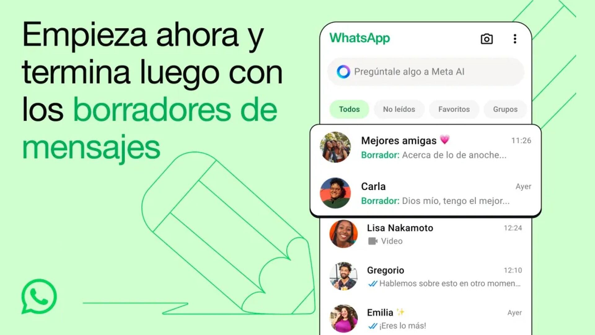 Interfaz de WhatsApp con borradores de mensajes.