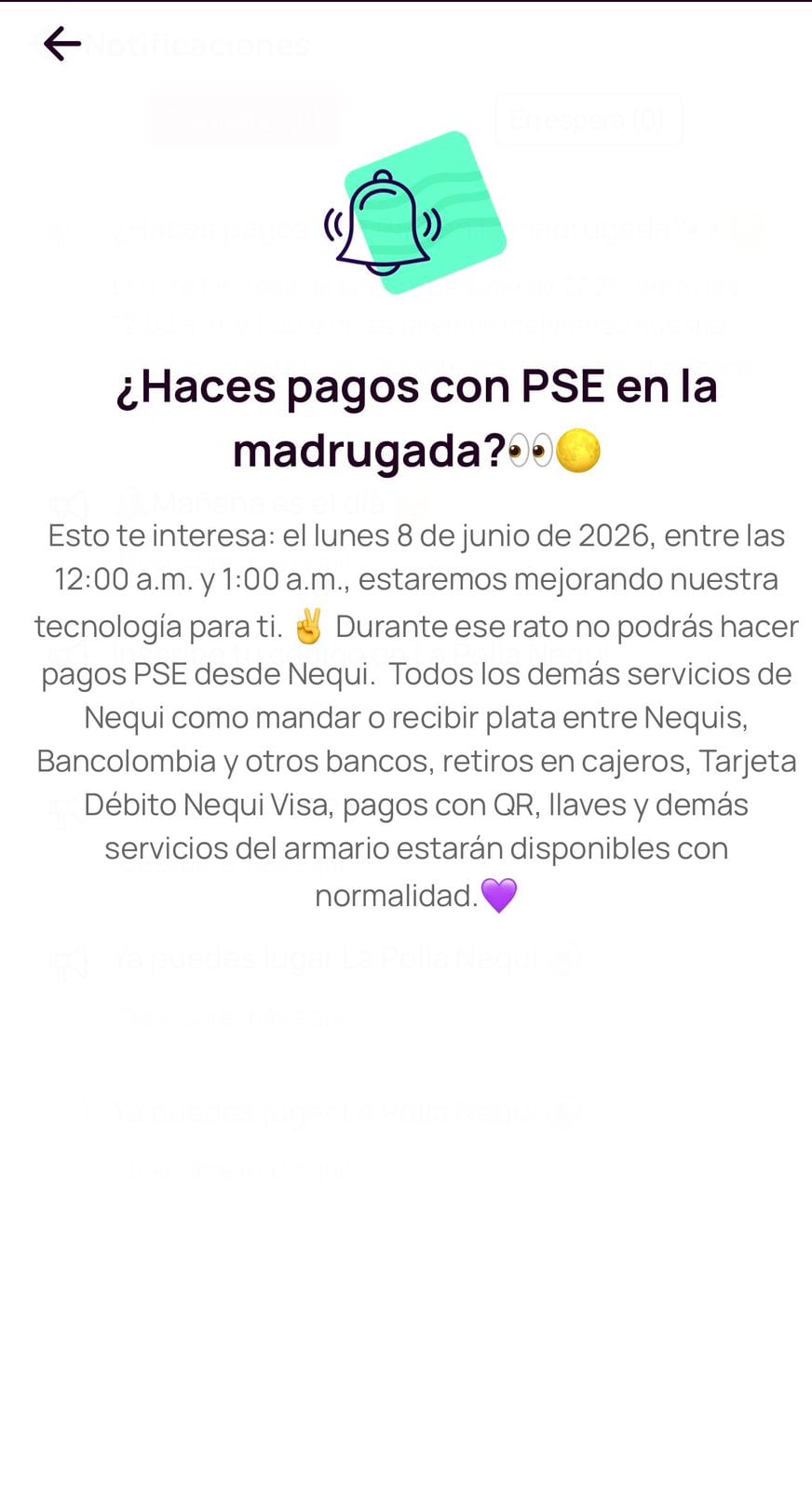 Nequi anunció una jornada de mantenimientos.
