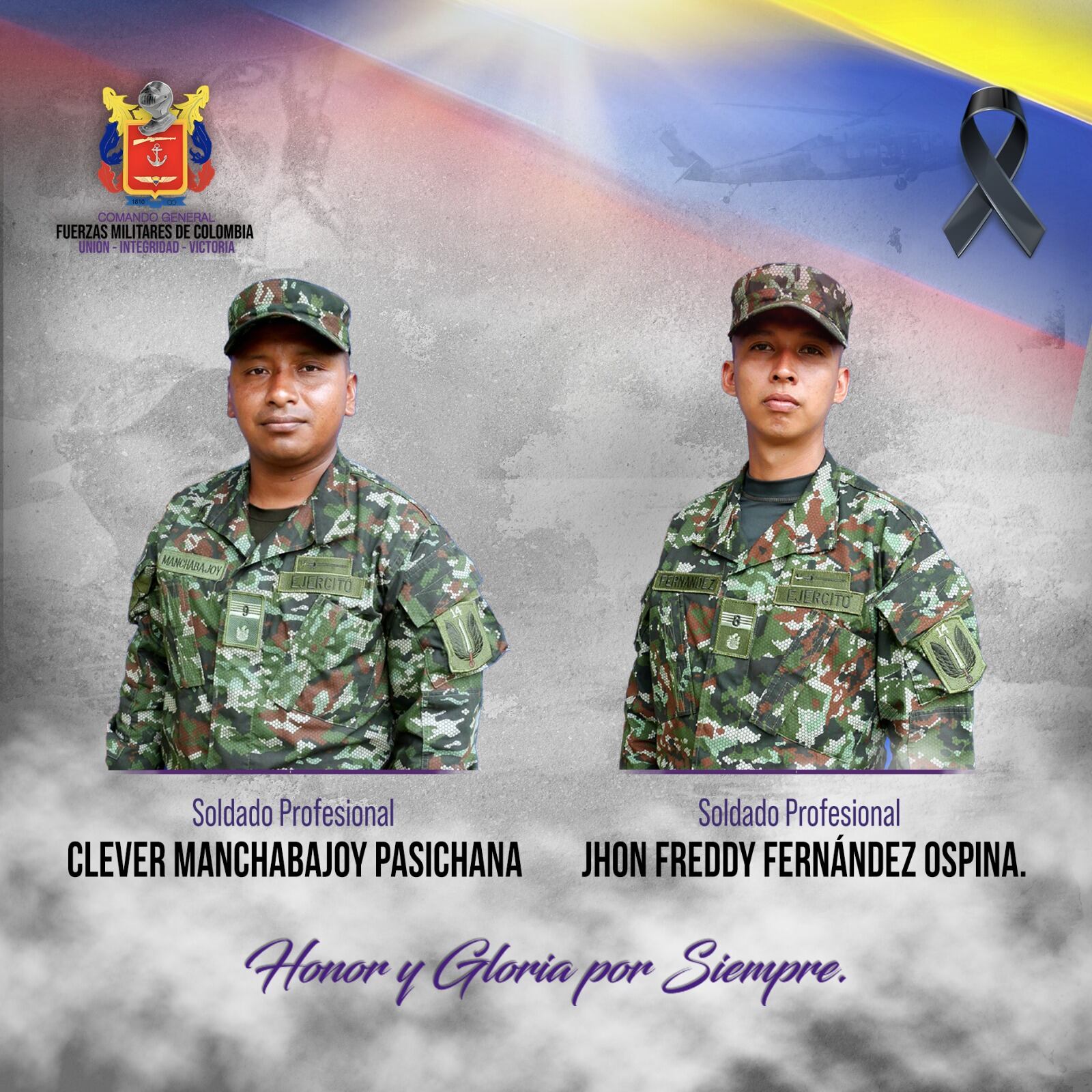 Los soldados profesionales Clever Manchabajoy Pasichana y Jhon Freddy Fernández Ospina fueron asesinados en medio de ataque a la Fuerza Pública.