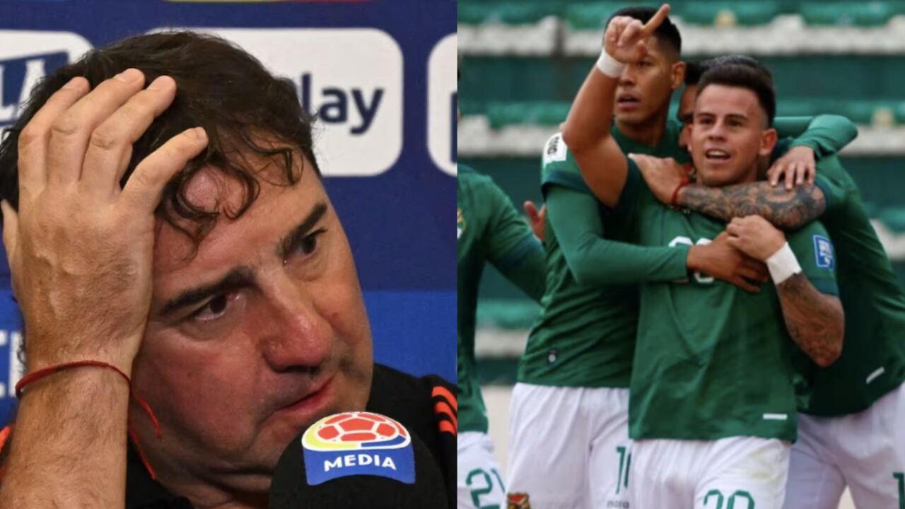 El técnico de Colombia, Néstor Lorenzo; y jugadores de Bolivia celebrando un gol.