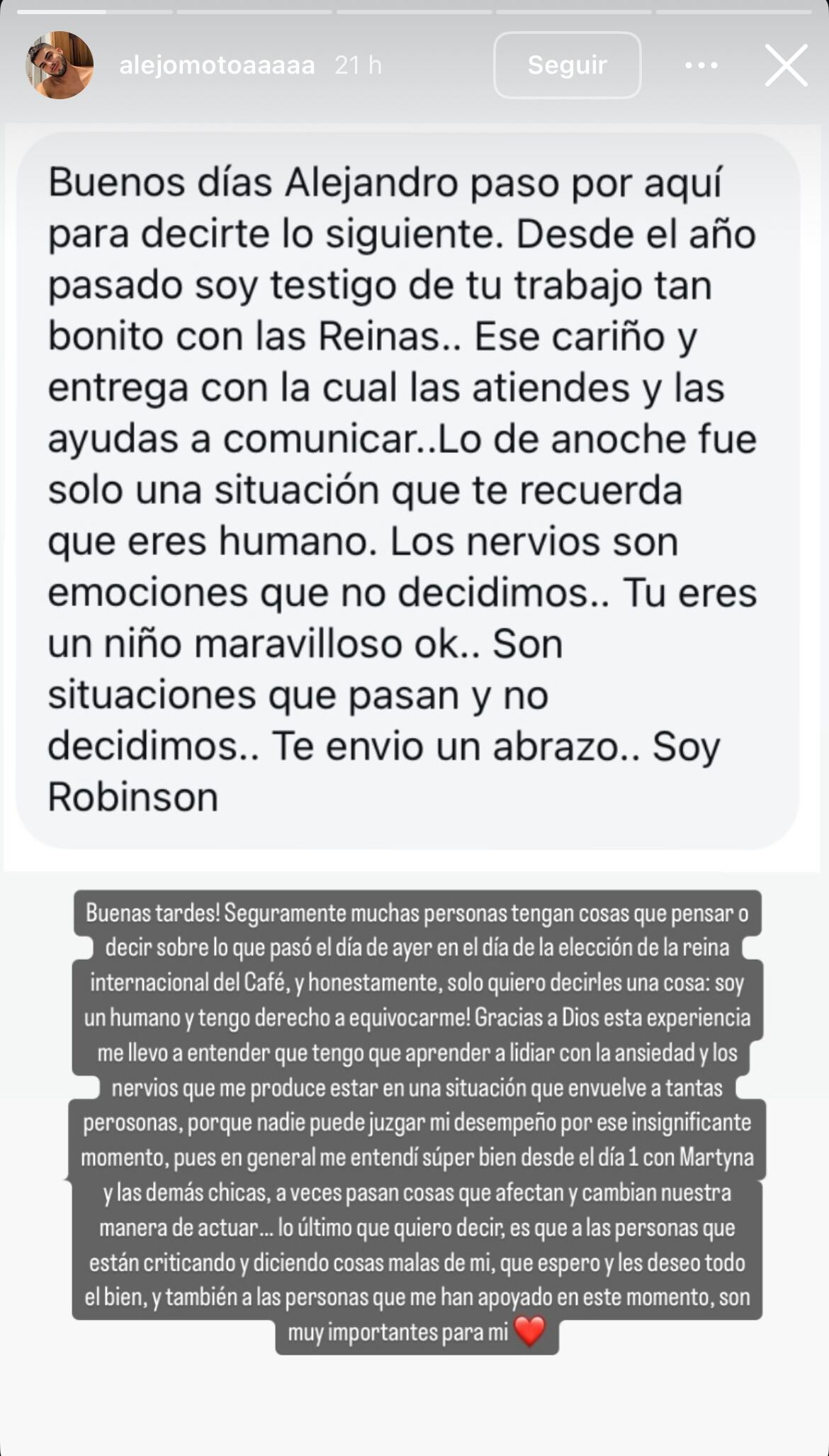 Alejandro Motoa se defendió de las críticas por error que cometió en el Reinado Internacional del Café