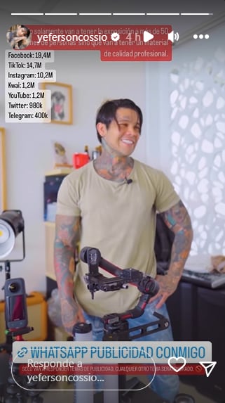 El influencer también ofrece servicios de producción publicitaria. Foto: Instagram @yefersoncossio.
