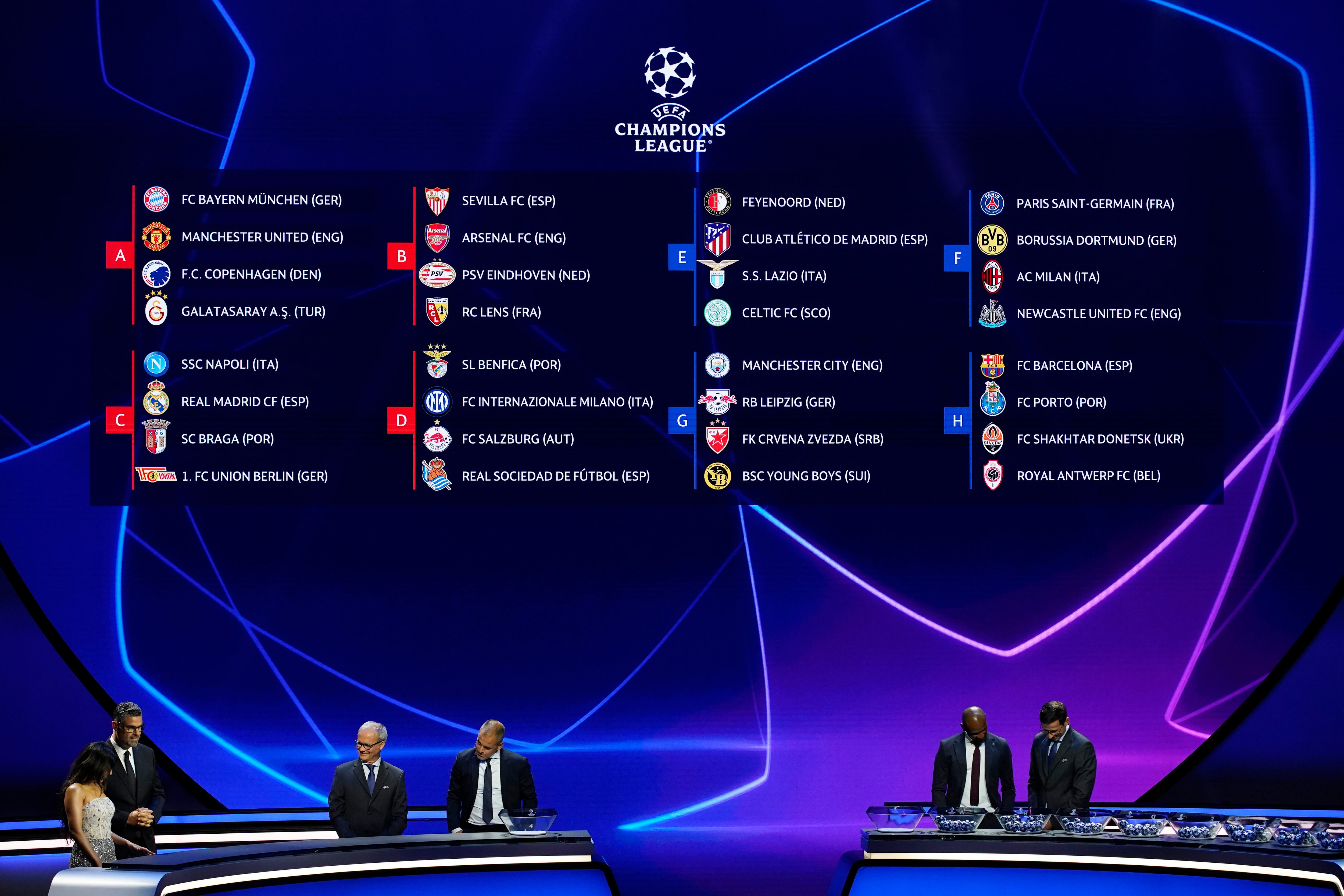 The group formations are shown on a screen during the 2023/24 UEFA Champions League group stage draw at the Grimaldi Forum in Monaco, Thursday, Aug. 31, 2013. (AP Photo/Daniel Cole)