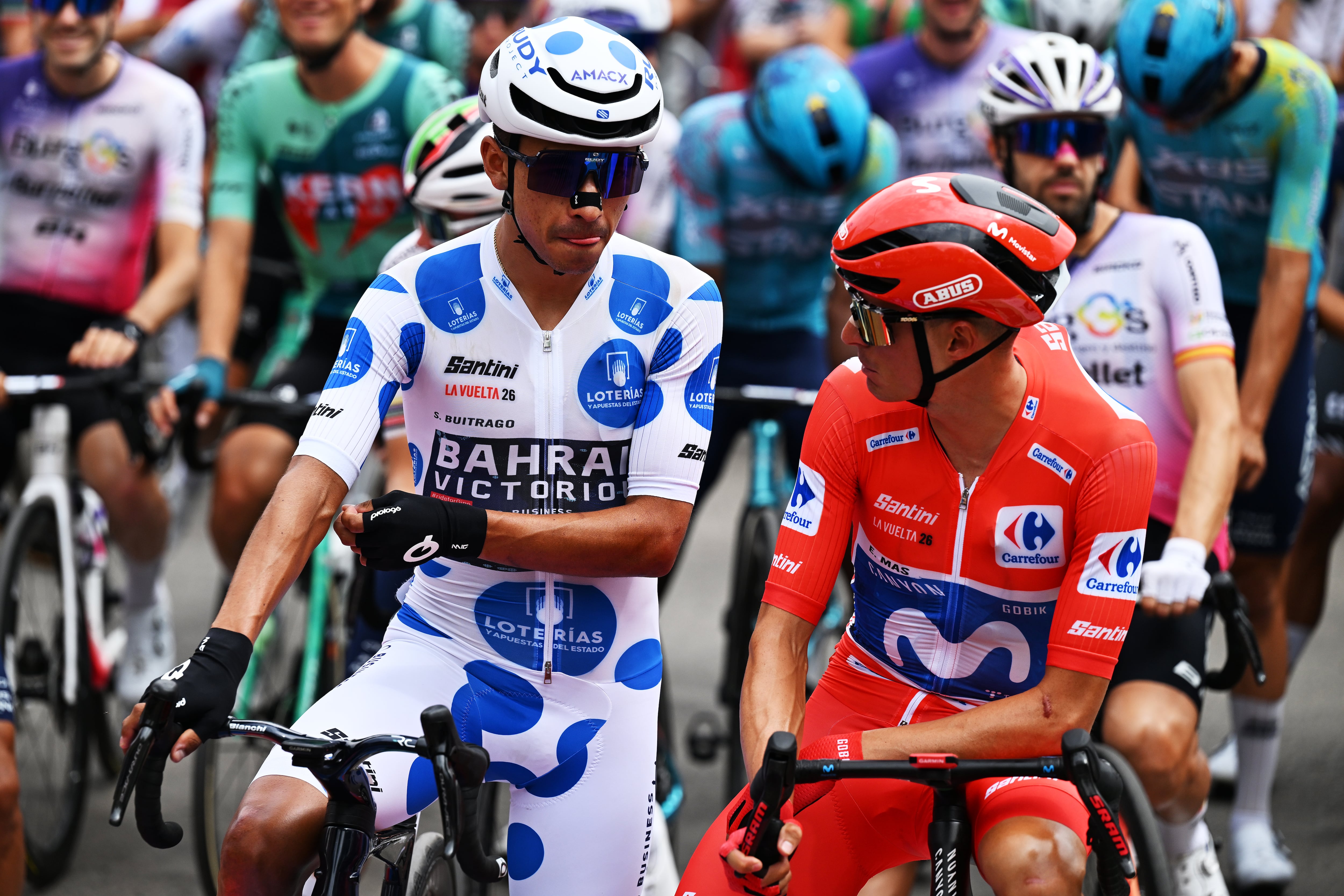 ALCARAZ, SPAIN- SEPTEMBER 01: (L-R) Santiago Buitrago of Colombia and Team Bahrain Victorious - Polka dot Mountain Jersey and Enric Mas of Spain and Movistar Team - Red Leader Jersey prior to the La Vuelta - 81st Tour of Spain 2026, Stage 10 a 184.7km stage from Alcaraz to Elche de la Sierra 642m / #UCIWT / on September 01, 2026 in Alcaraz, Spain. (Photo by Tim de Waele/Getty Images)