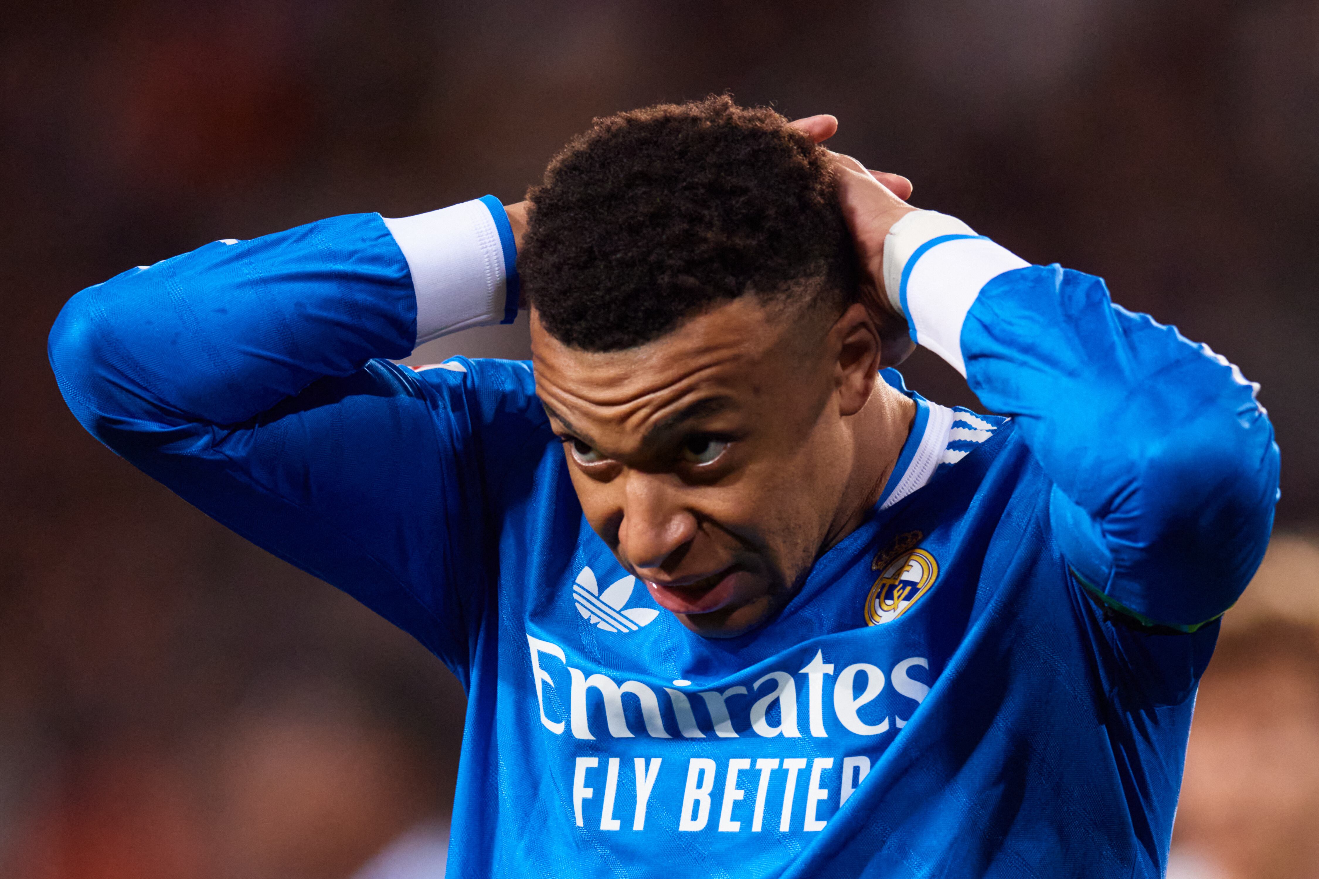 Kylian Mbappe of Real Madrid reacts during the LaLiga EA Sports match between Valencia CF and Real Madrid at Mestalla stadium in Valencia, Spain, on February 8, 2026. (Photo by David Aliaga/NurPhoto) (Photo by David Aliaga / NurPhoto via AFP)