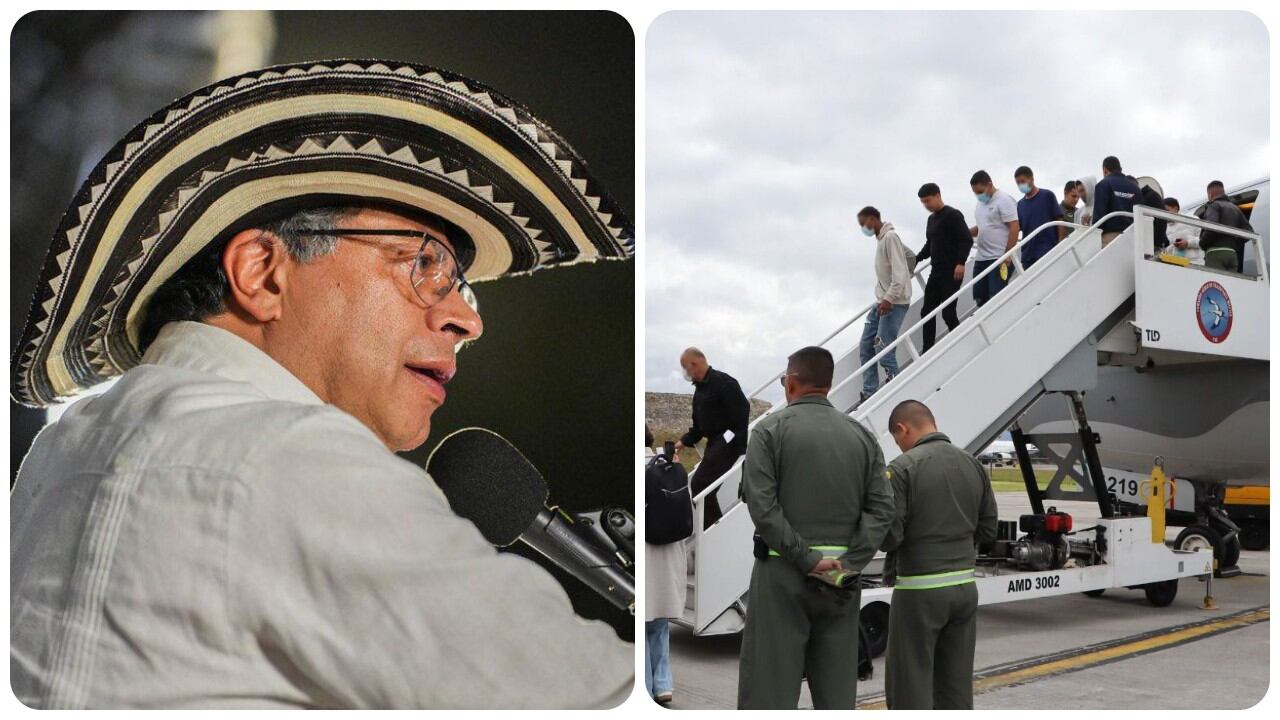 Gustavo Petro y un grupo de connacionales que esta semana llegó a Bogotá proveniente de Estados Unidos.