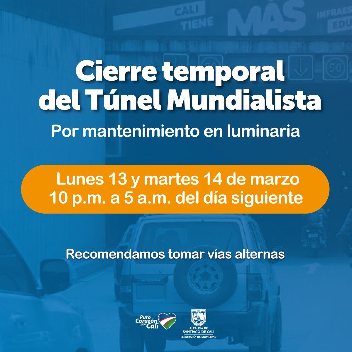 Este lunes y martes estará cerrado temporalmente el Túnel Mundialista de Cali.
