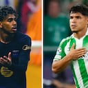 A la izquierda, Lamine Yamal del F.C. Barcelona. A la derecha, Juan Camilo Hernández, del Real Betis.