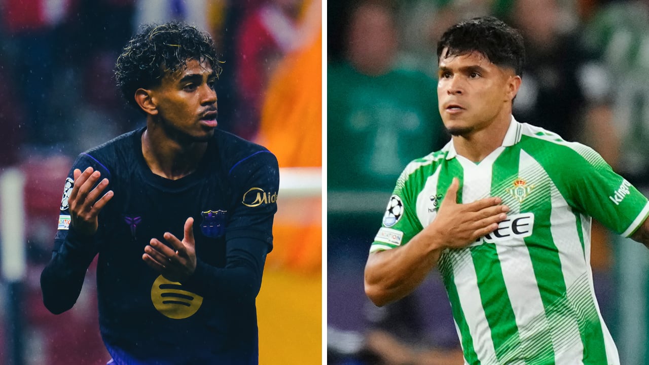 A la izquierda, Lamine Yamal del F.C. Barcelona. A la derecha, Juan Camilo Hernández, del Real Betis.