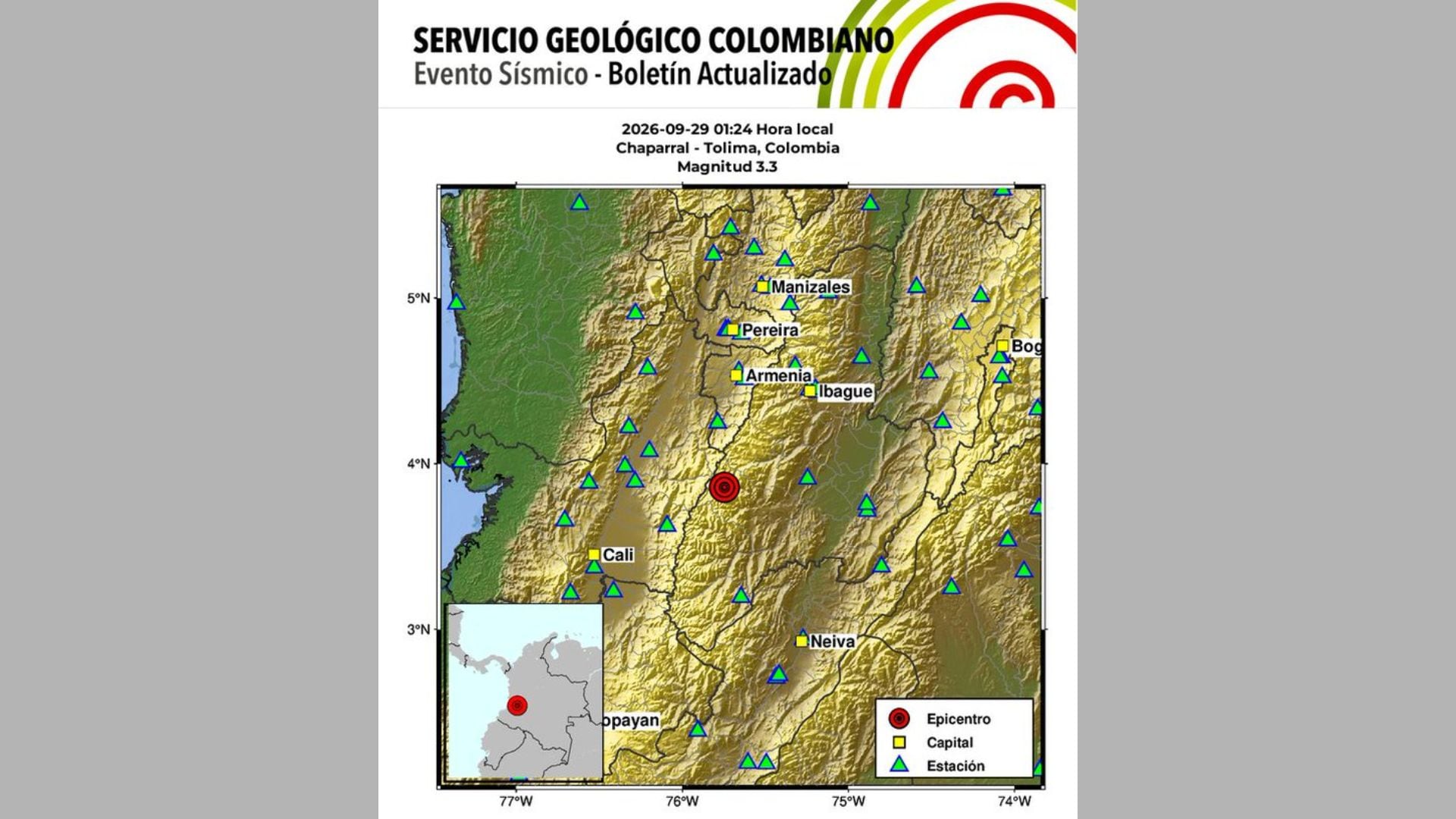El sismo de magnitud 3,3 fue registrado a la 1:24 a. m. de este martes 29 de septiembre en Chaparral, Tolima