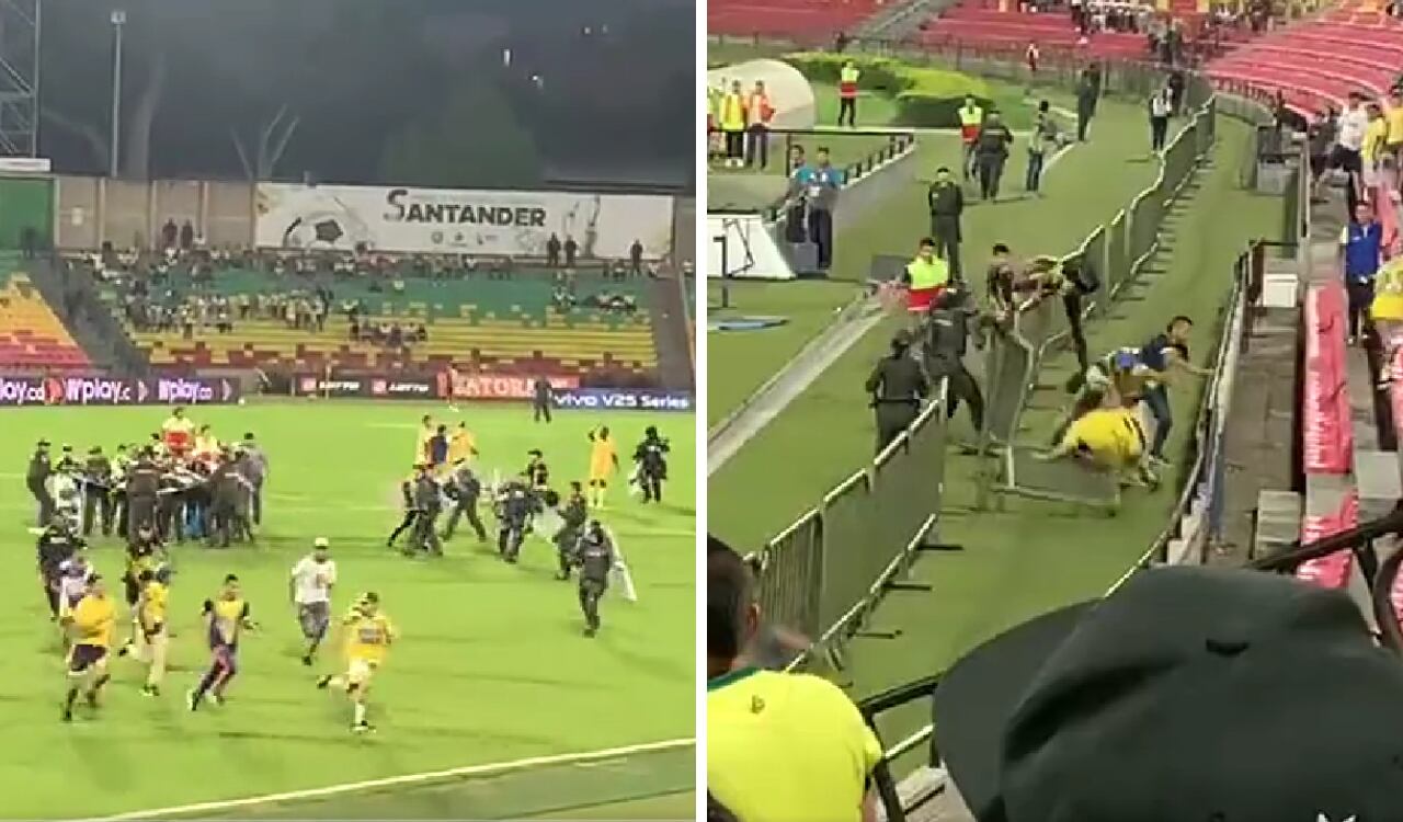 Hinchas de Bucaramanga ingresaron inescrupulosamente al gramado.