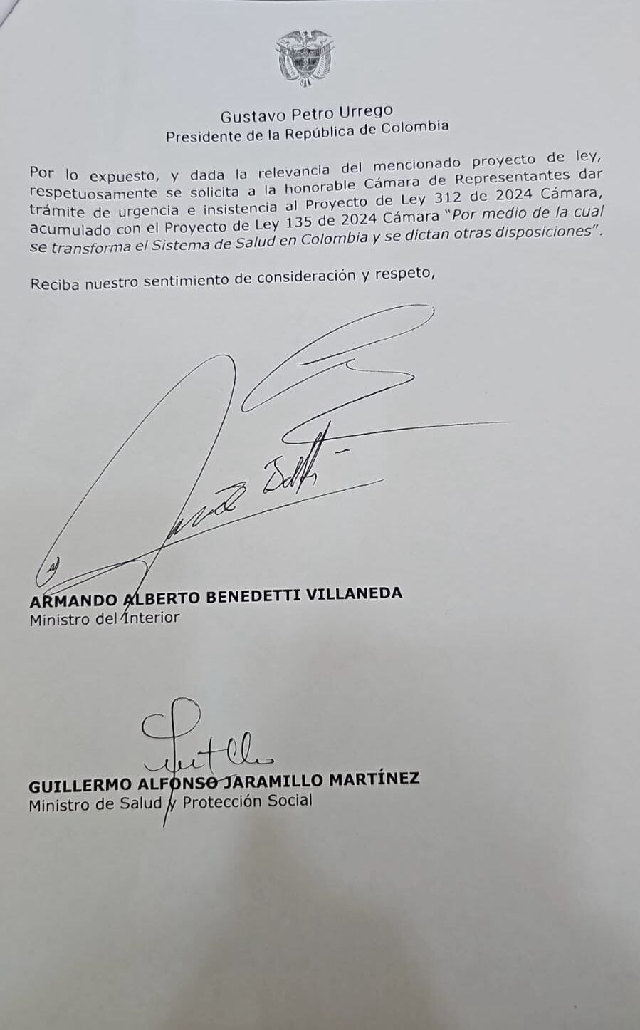 Petición a la presidencia de la Cámara de Representantes.