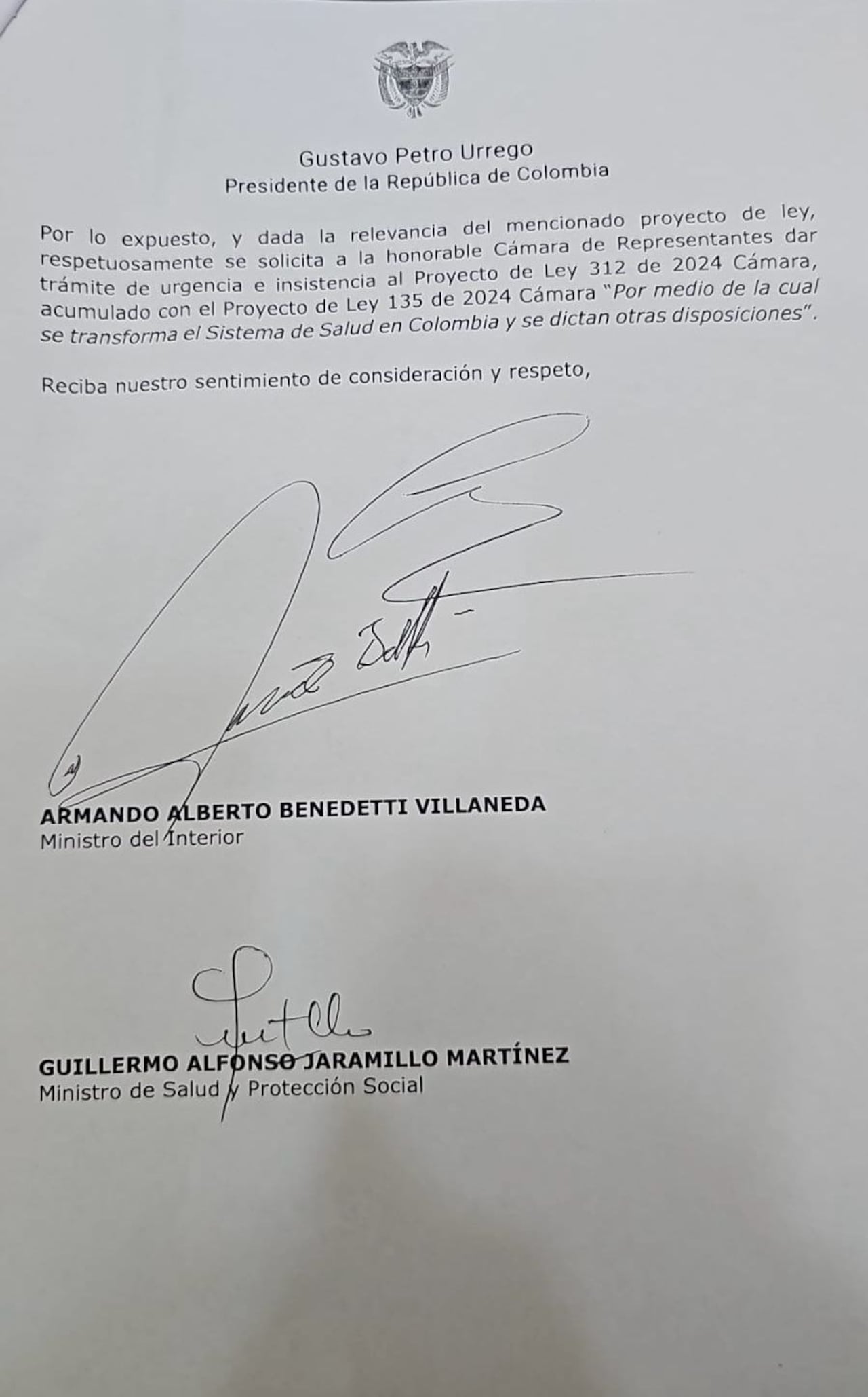 Petición a la presidencia de la Cámara de Representantes.