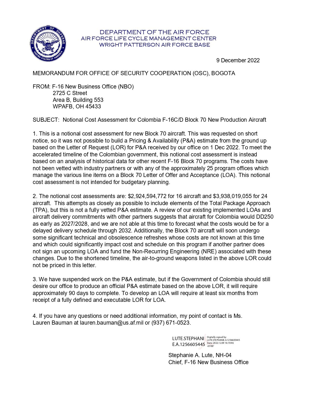 MEMORÁNDUM PARA LA OFICINA DE COOPERACIÓN DE SEGURIDAD.